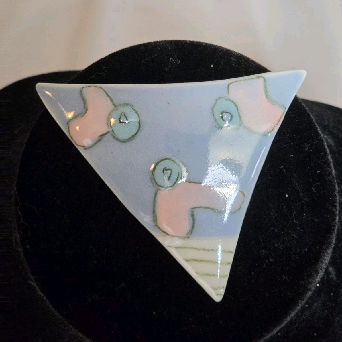 Vintage Triangle Ceramic Enamel Brooch Pin Abstract Design Blue Pink White Green