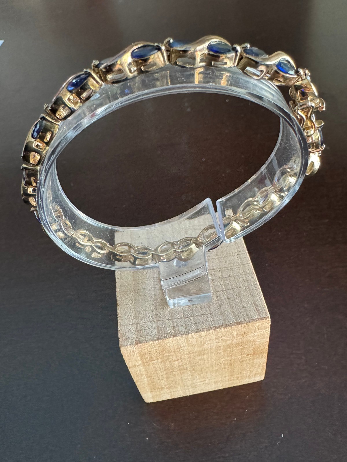 STERLING SILVER GOLD PLATED 925 TENNIS BRACELET WITH BLUE STONES 7.5 INCH LONG