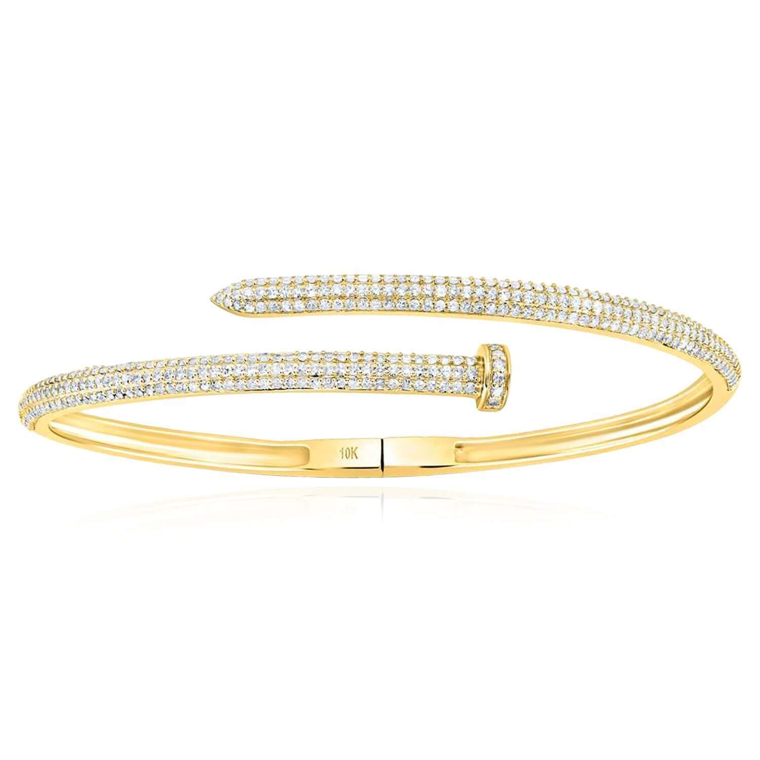 1.60CTW Natural Diamond 10K Yellow White Rose Gold 3.3mm Nail Bangle Bracelet