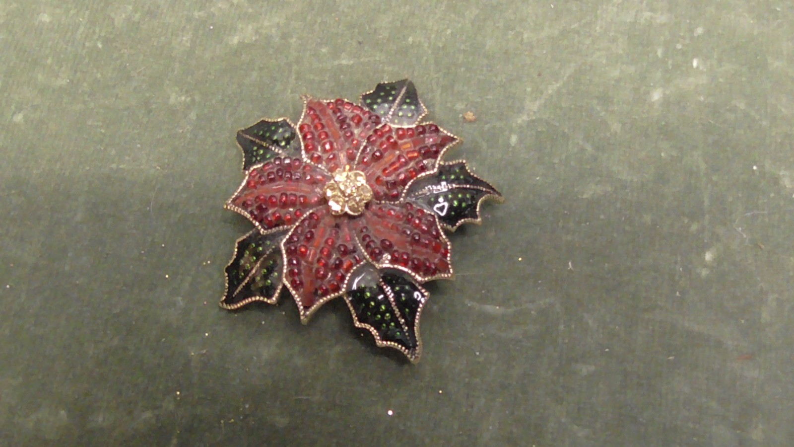 Vintage Red Enamel Poinsettia Brooch With Rhinestones 2″ Holiday Pin
