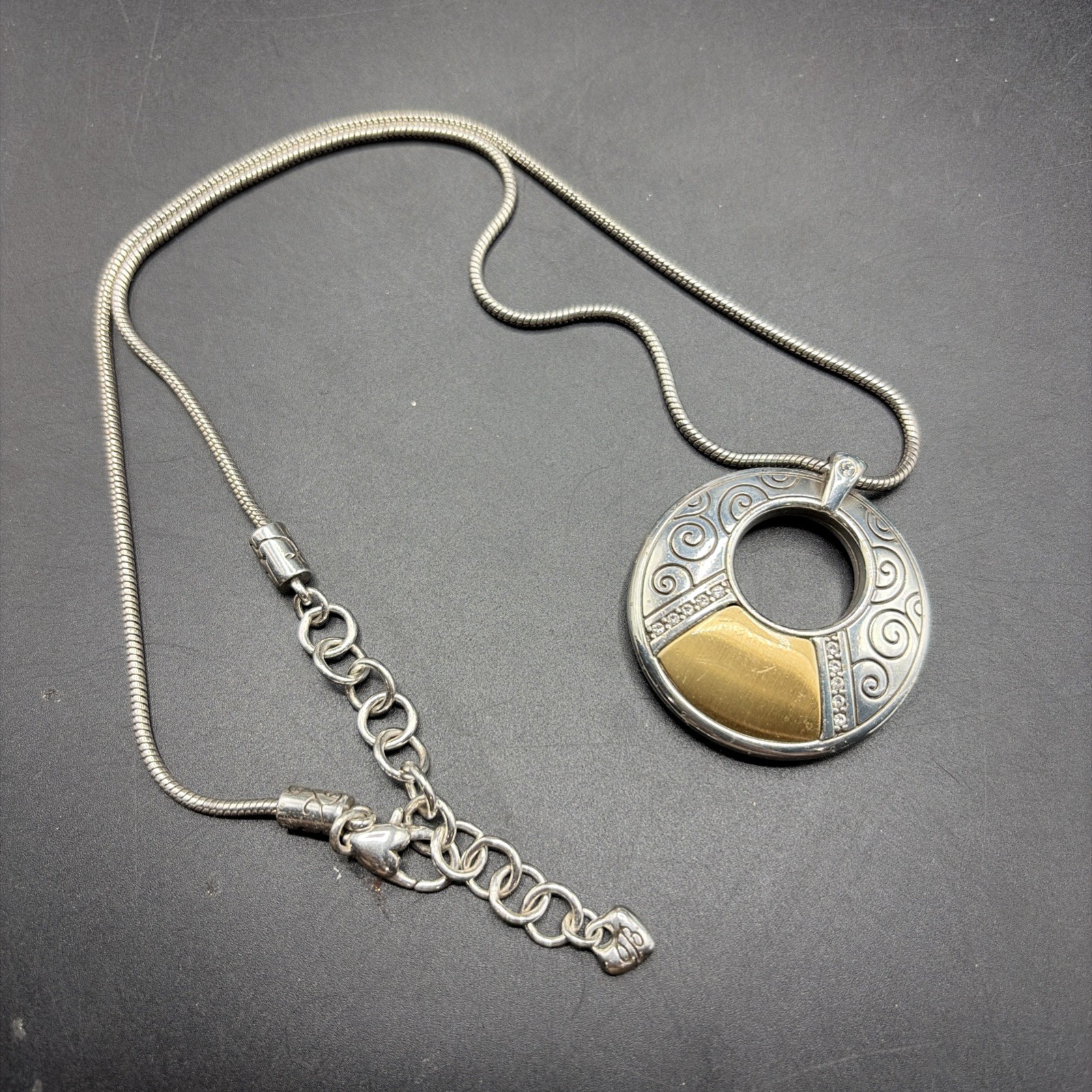Brighton Shadow Play Reversible Pendant Necklace Silver/Gold Black Enamel 16-18”