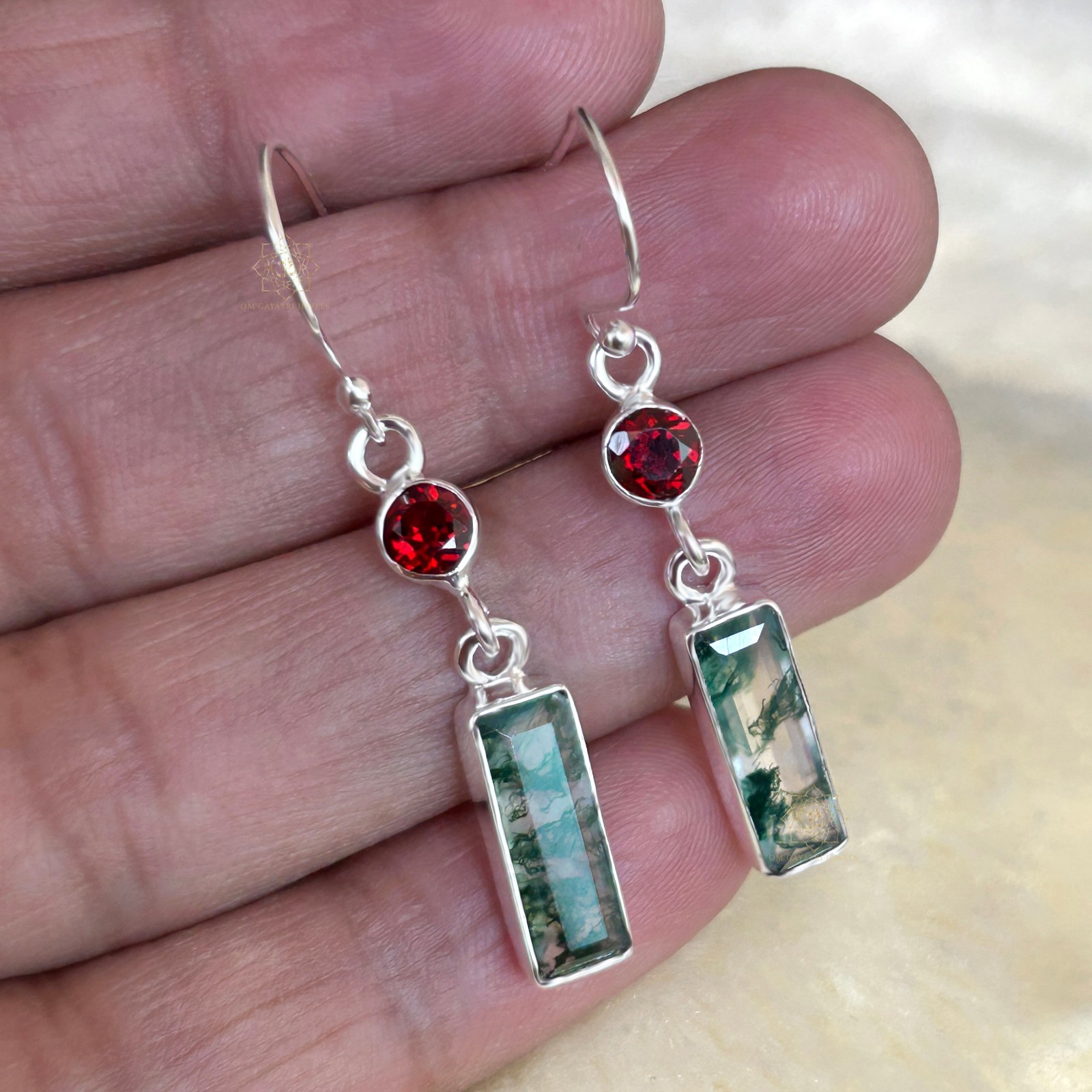 Rectangle Moss Agate & Garnet Earrings 925 Streling Silver Handmade Jewelry