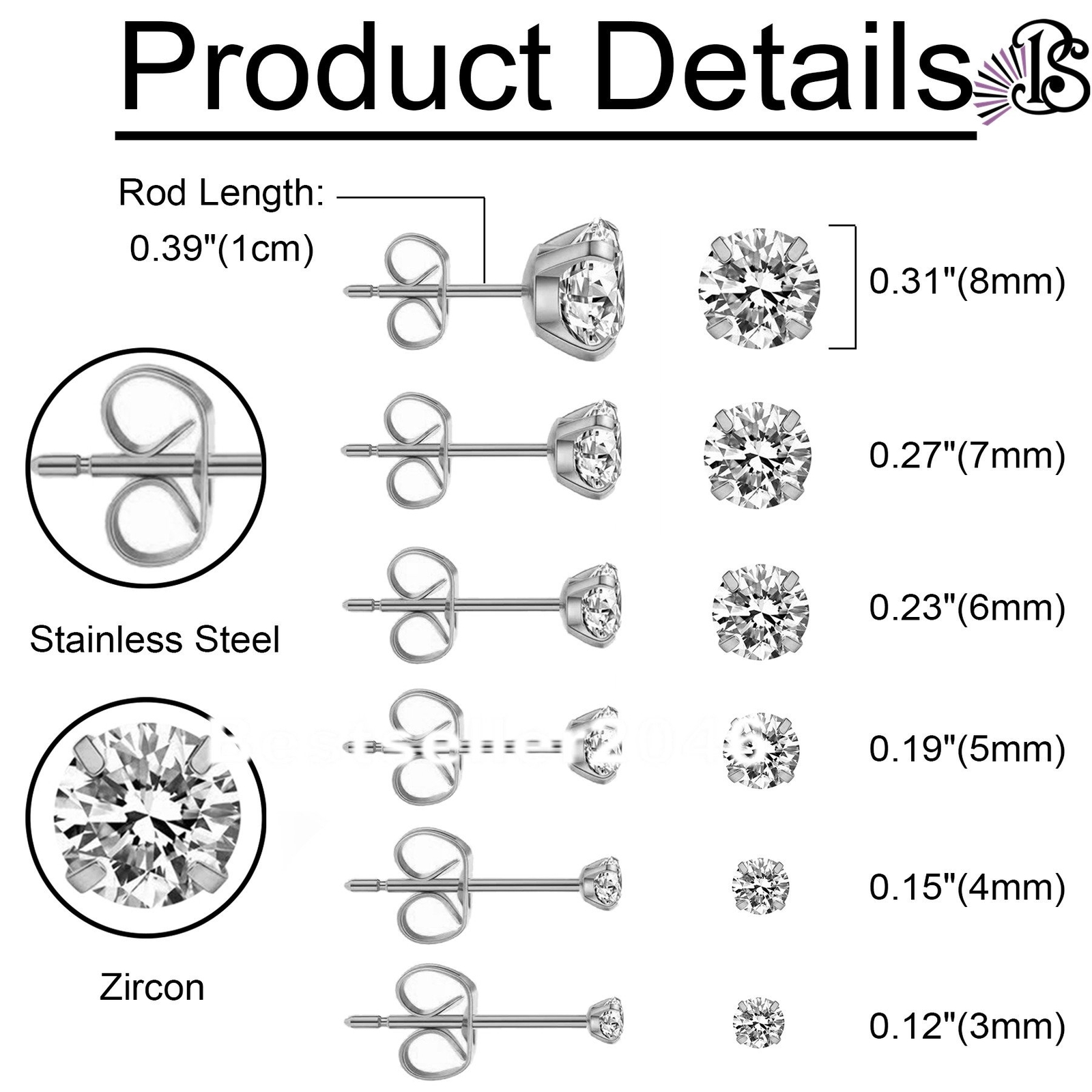 6 Pairs Stainless Steel Round Cubic Zirconia Stud Earrings Set for Men Women