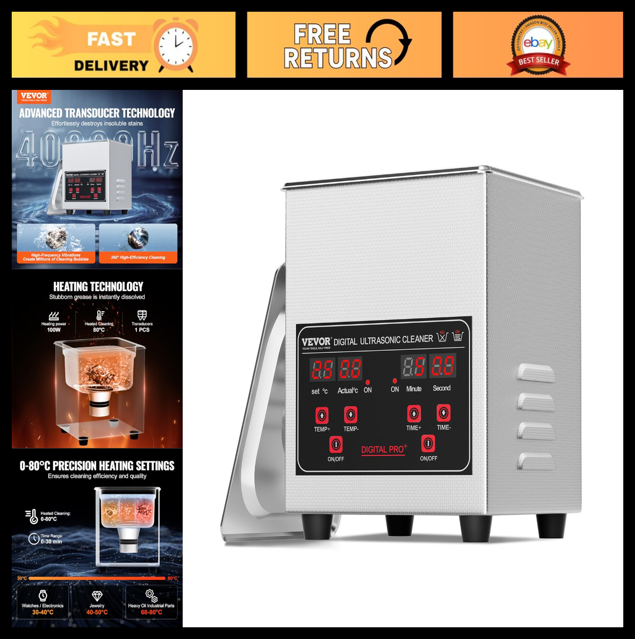 Professional 1.3L Ultrasonic Cleaner 60W with Timer & Heater for Jewelry, Watche