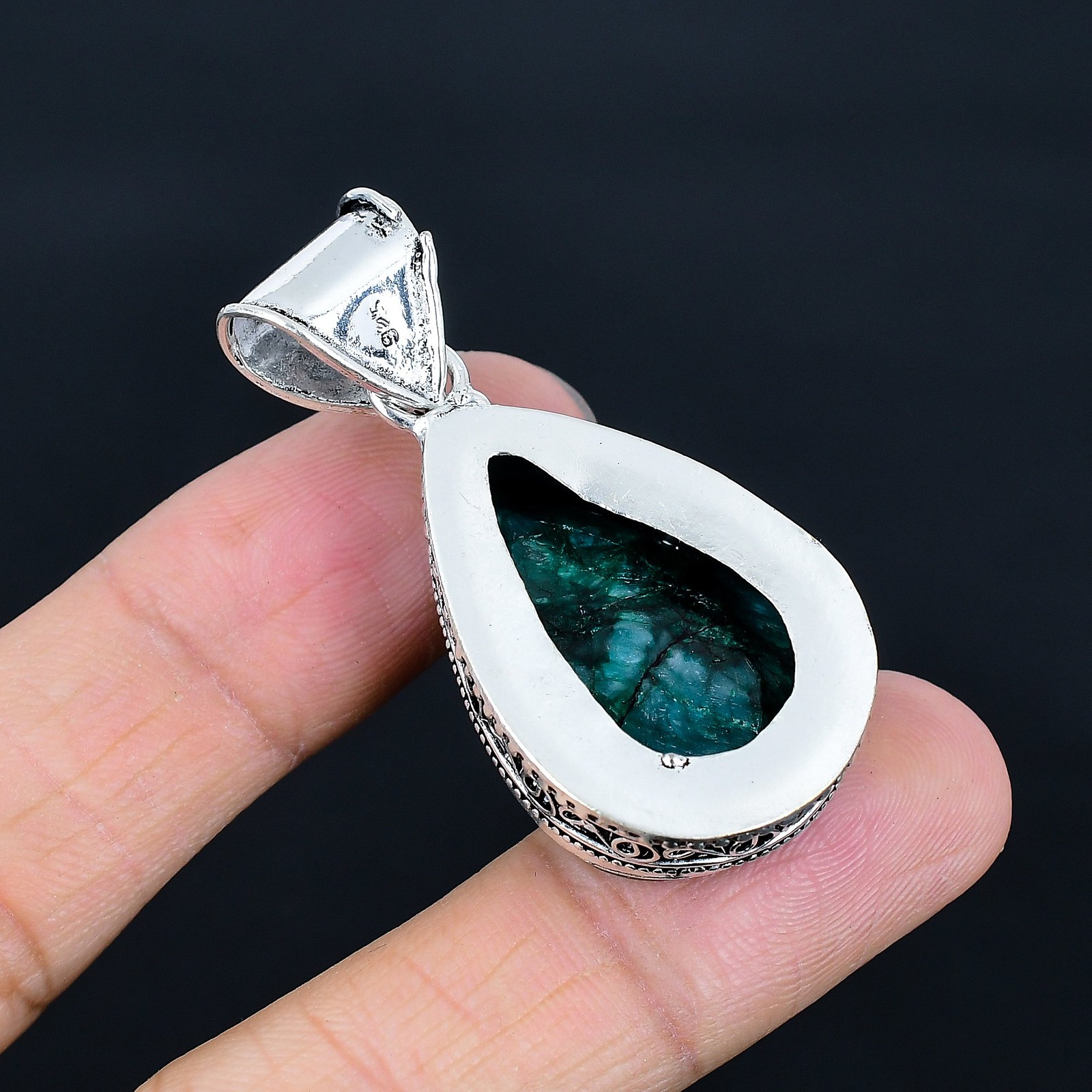 Faceted Zambian Emrald Gemstone 925 Sterling Silver Pear Vintage Pendant 2.1″ N7