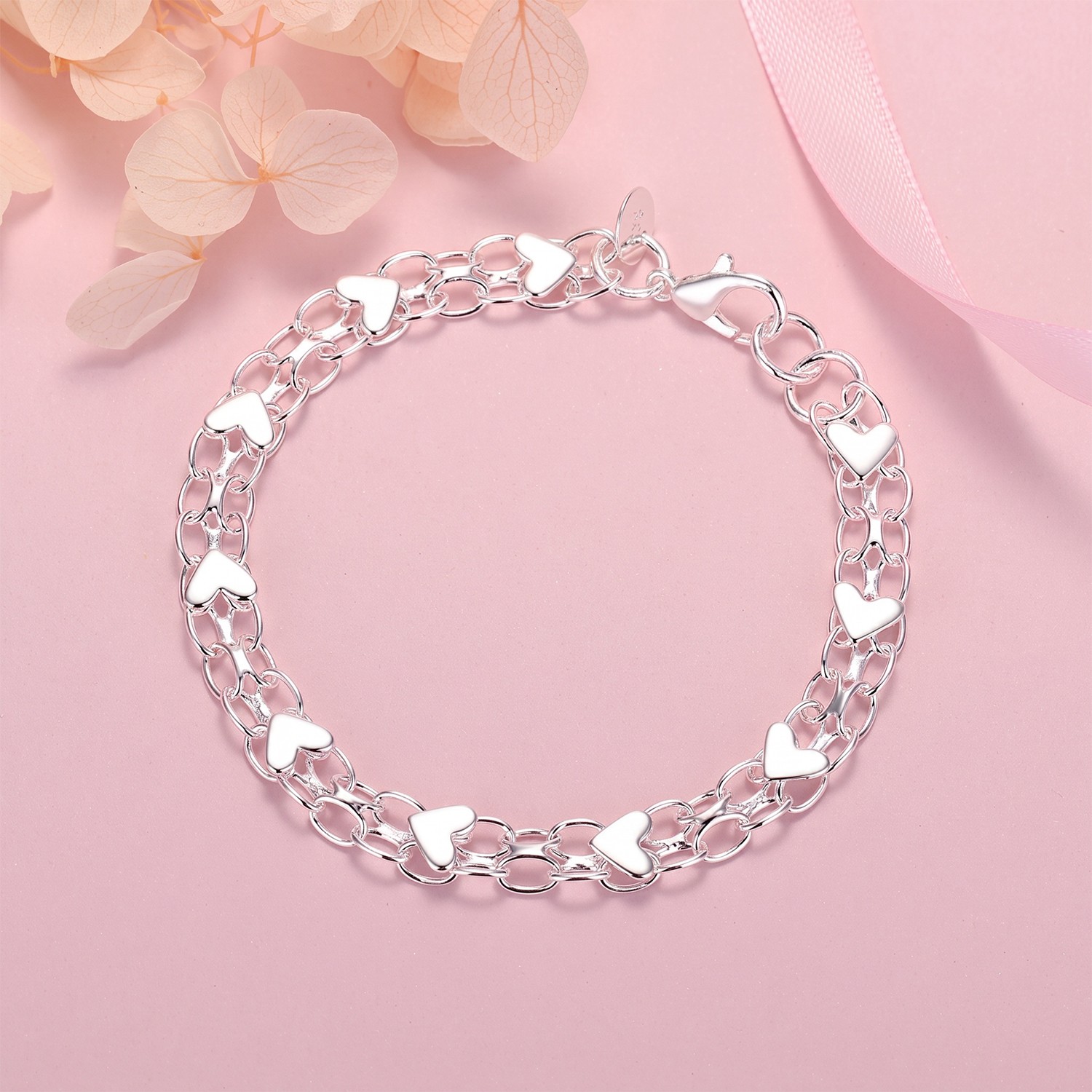 Beautiful Double‑Chain Love Heart Link Bracelet Silver for Women Jewelry Girls