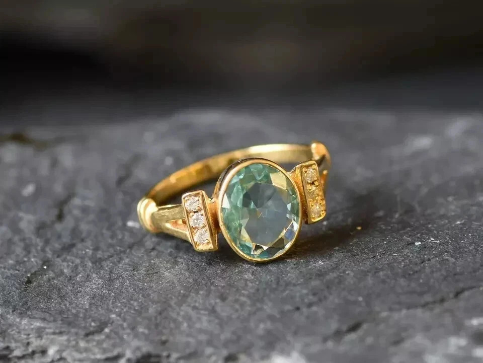 3.17 Ct Oval Cut Aquamarine Ring Diamond Engagement Ring 14K Yellow Gold