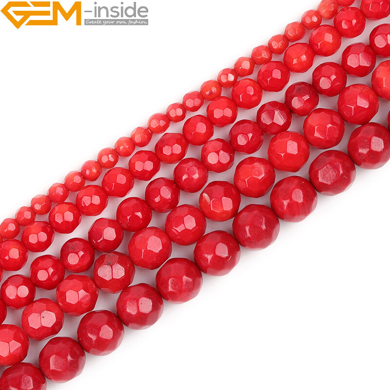 Faceted Red Coral Beads 15″ – Dyed Round Loose Gemstone Jewelry Making Strand”