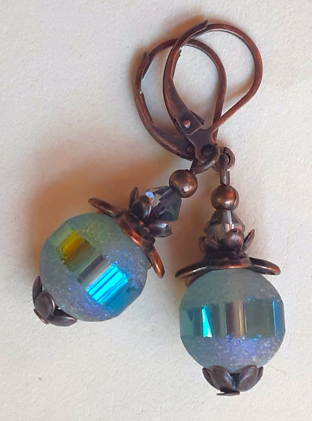 TEAL FROSTED CRYSTAL DROP earring COPPER LEVERBACK handcrafted XX