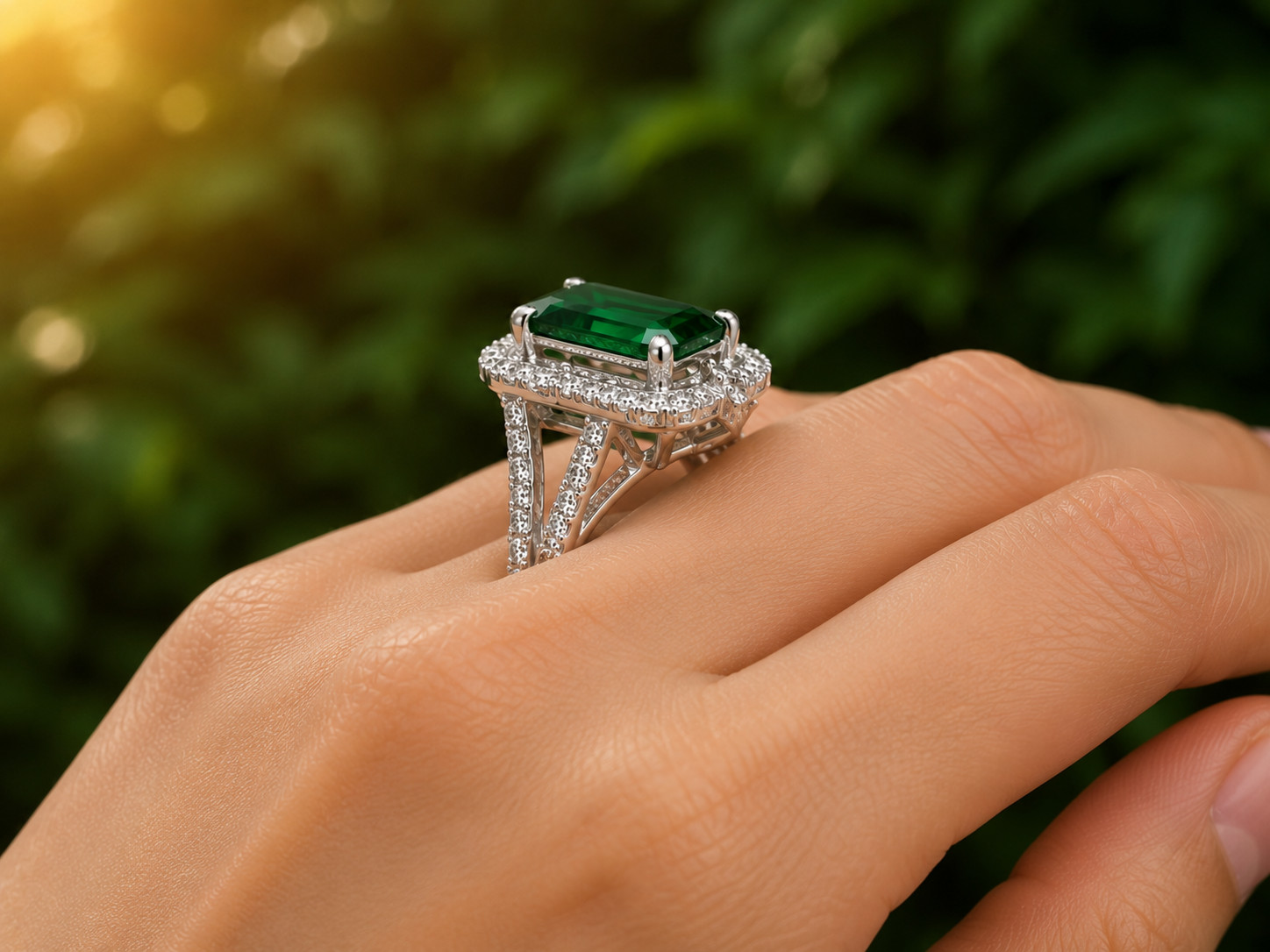 4Ct Lab Created Green Emerald Halo Engagement Wedding Ring 14k White Gold Plated