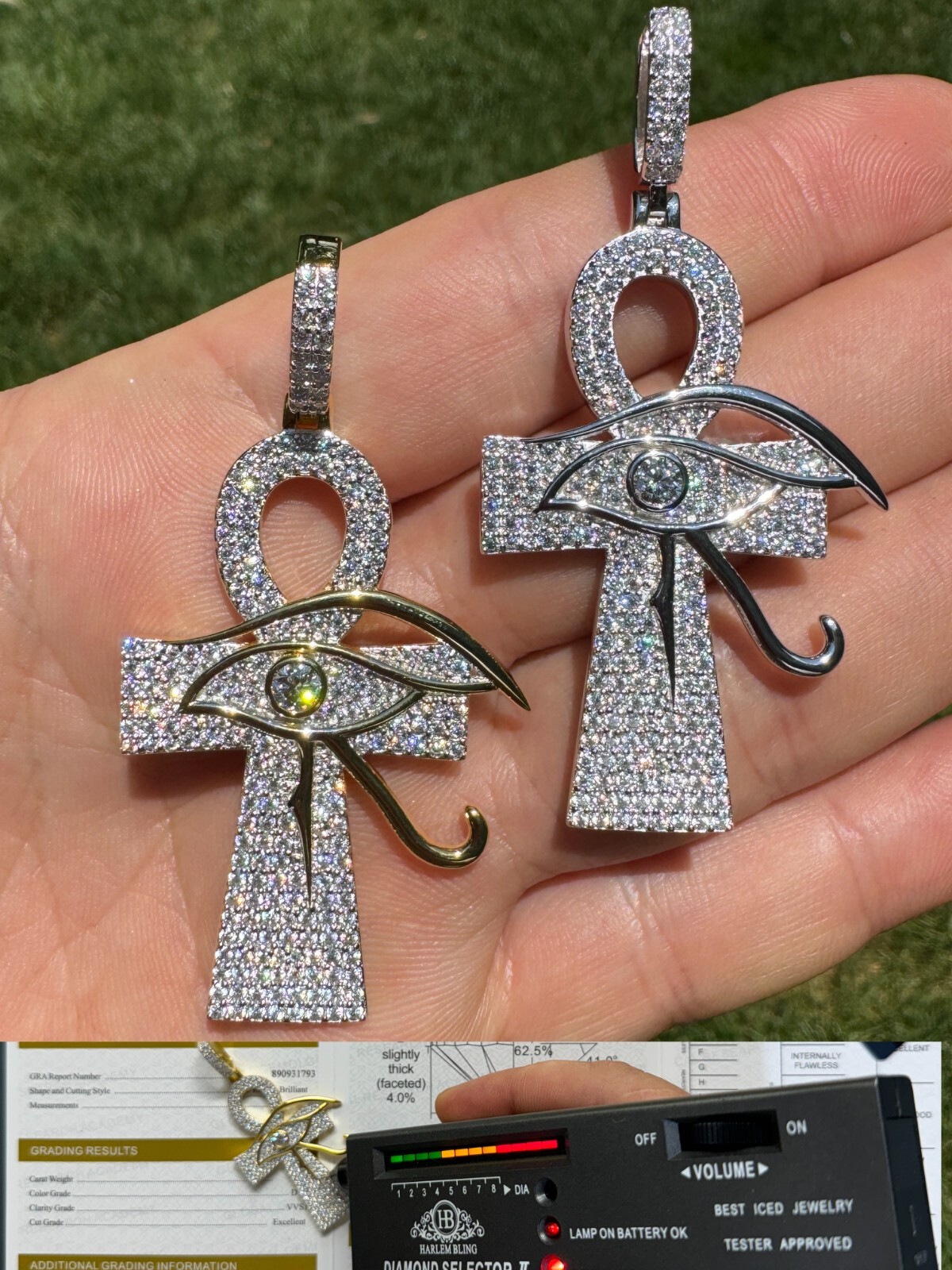 Moissanite Ankh Cross W. Eye Of Horus Pendant – Iced 925 Silver 2″ Mens Necklace