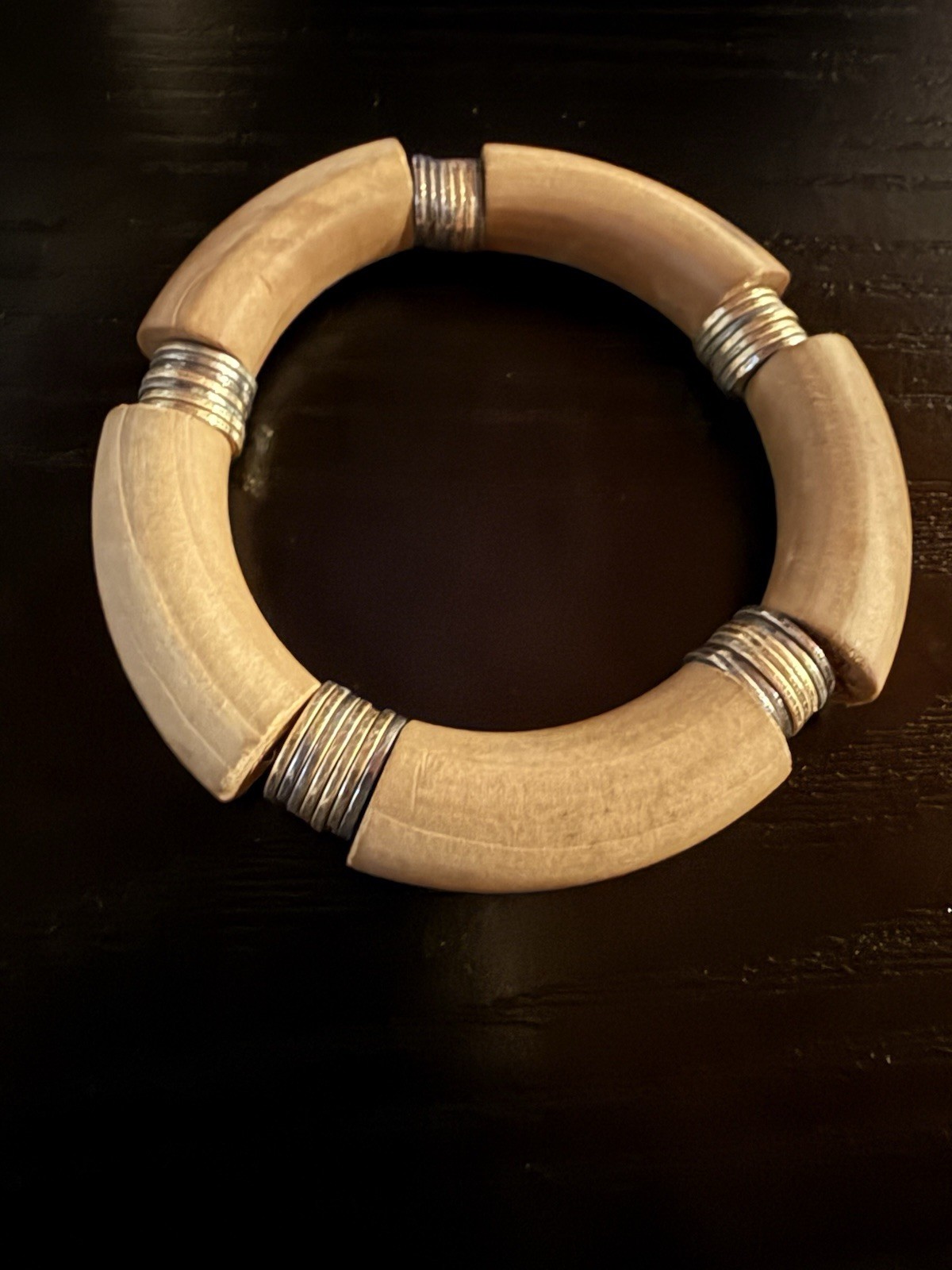 Wood & Metal Hinged Bangle Bracelet Beige with Silver Tone Accents Round