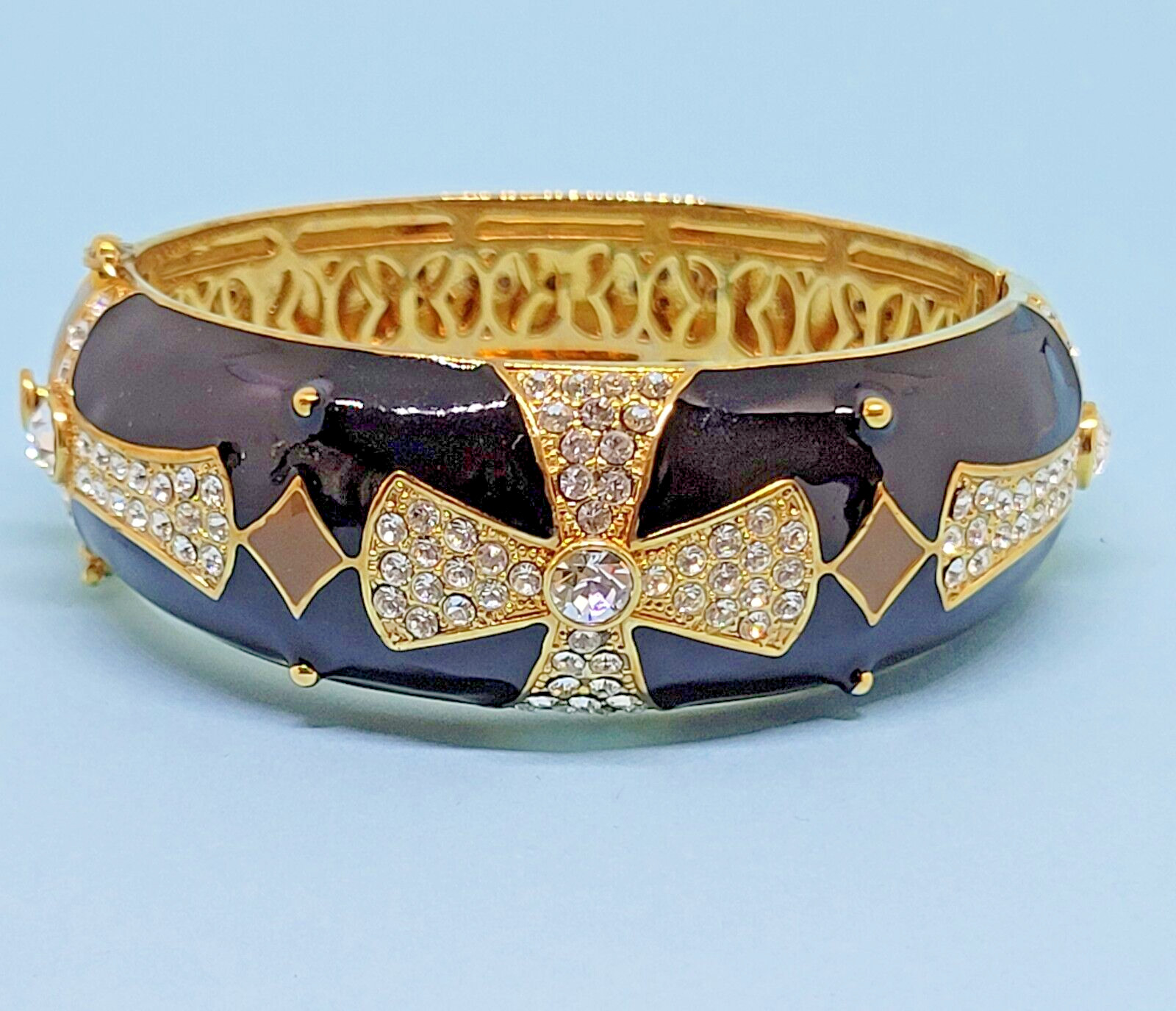 Joan Boyce Gold Tone Black Enamel Crystal Maltese Cross Hinged Bangle Bracelet