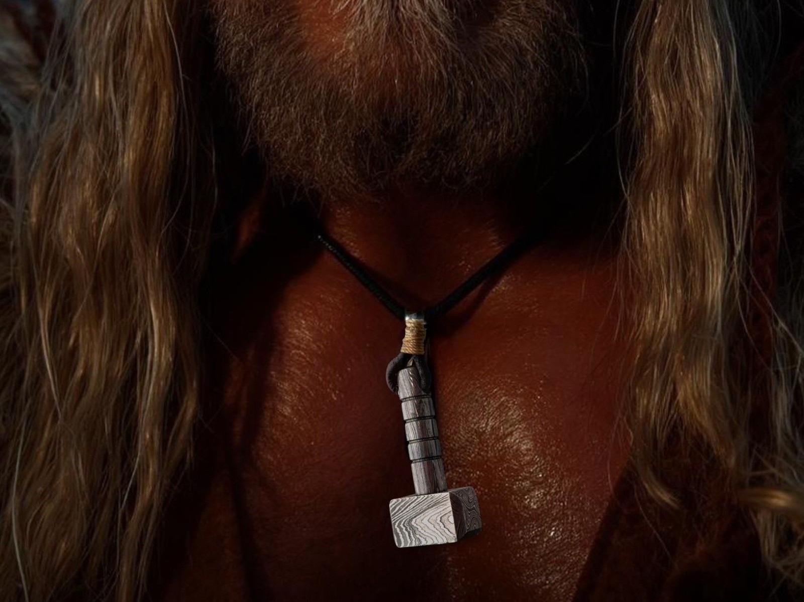 Hand Forged Damascus Steel Thor Mjolnir Necklace Viking Hammer Pendant Men Gift