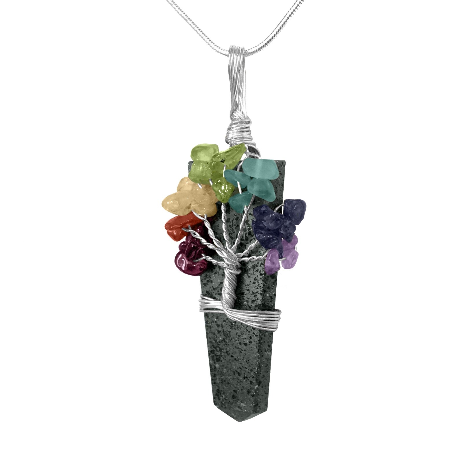 Hematite Crystal Tree Of Life Chakra Pendant Silver Wire Wrap Gemstone Necklace
