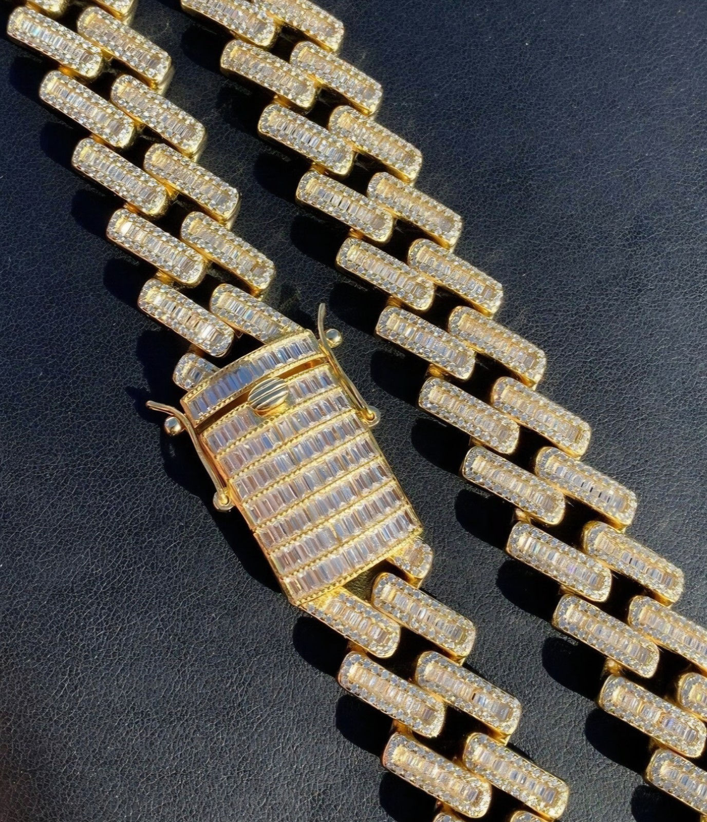 Baguette Prong Miami Cuban Link Chain Necklace Iced Out CZ Stones – 14k Gold Ver