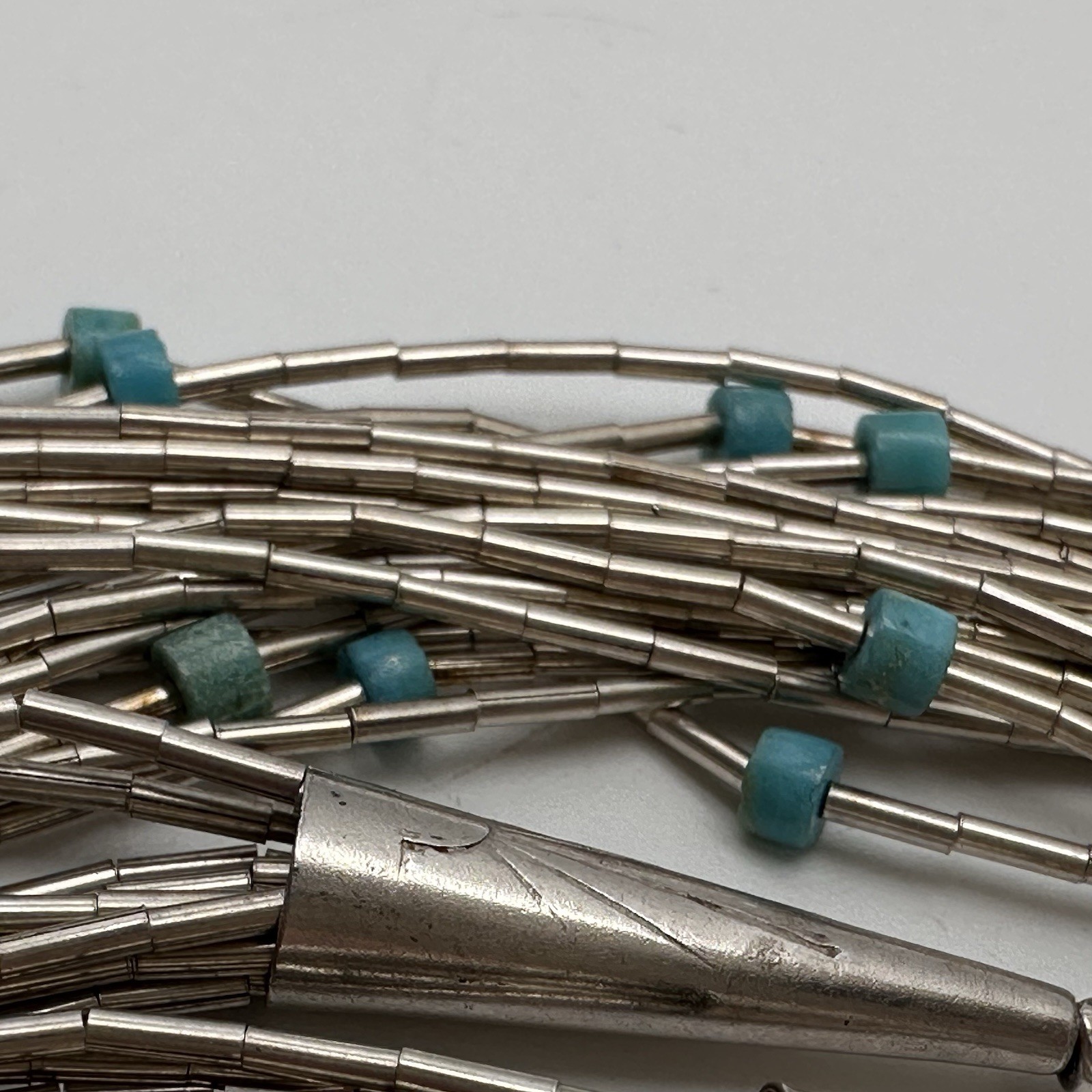 Liquid Sterling Silver & Turquoise Native American Necklace 25”, 10 Strand Vintg