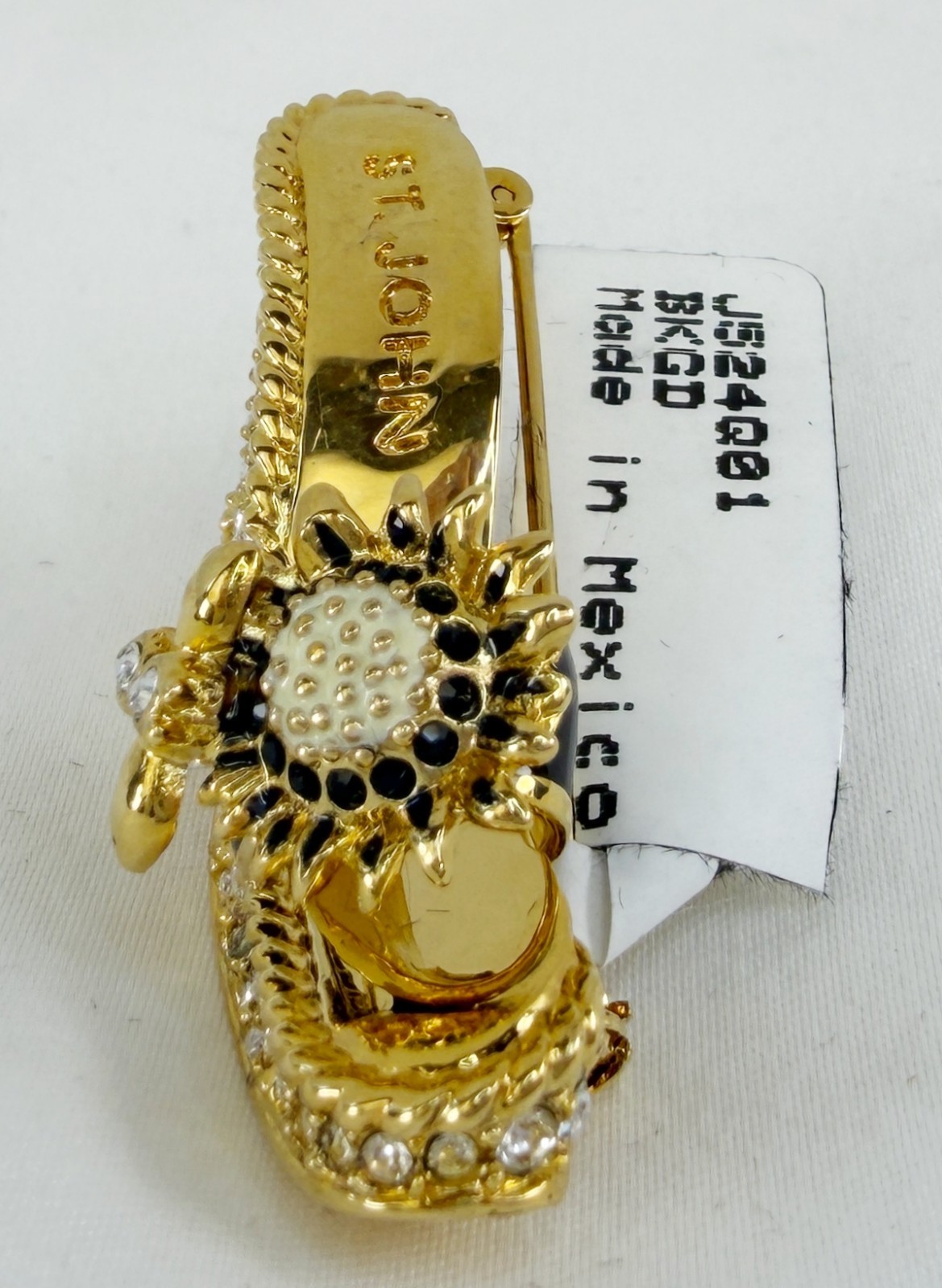 NWT ST. JOHN Shoe Brooch Wedge Pin Flower 24 KGP Black Multicolor Swarovski