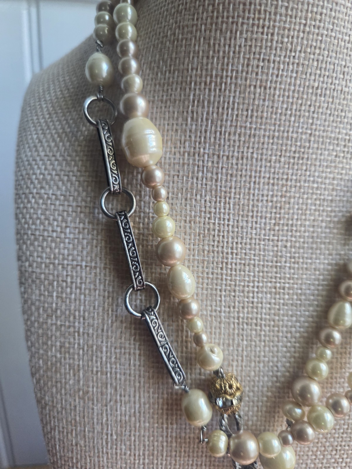 Cabi #2147 Treasure Necklace Mixed Media Pearls Charms Gold Silver Boho Chic