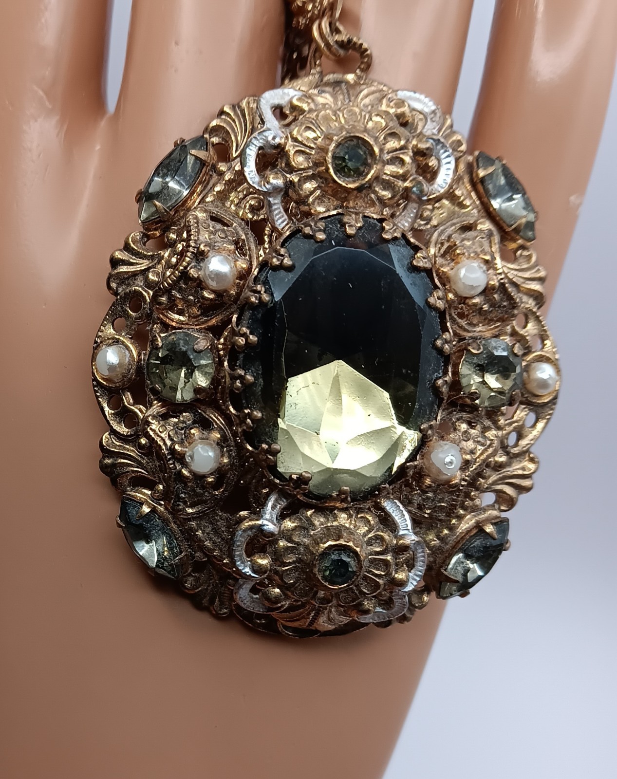 Vtg Western Germany Necklace Smoky Art Glass Faux Pearl Rhinestone Ornate 24″