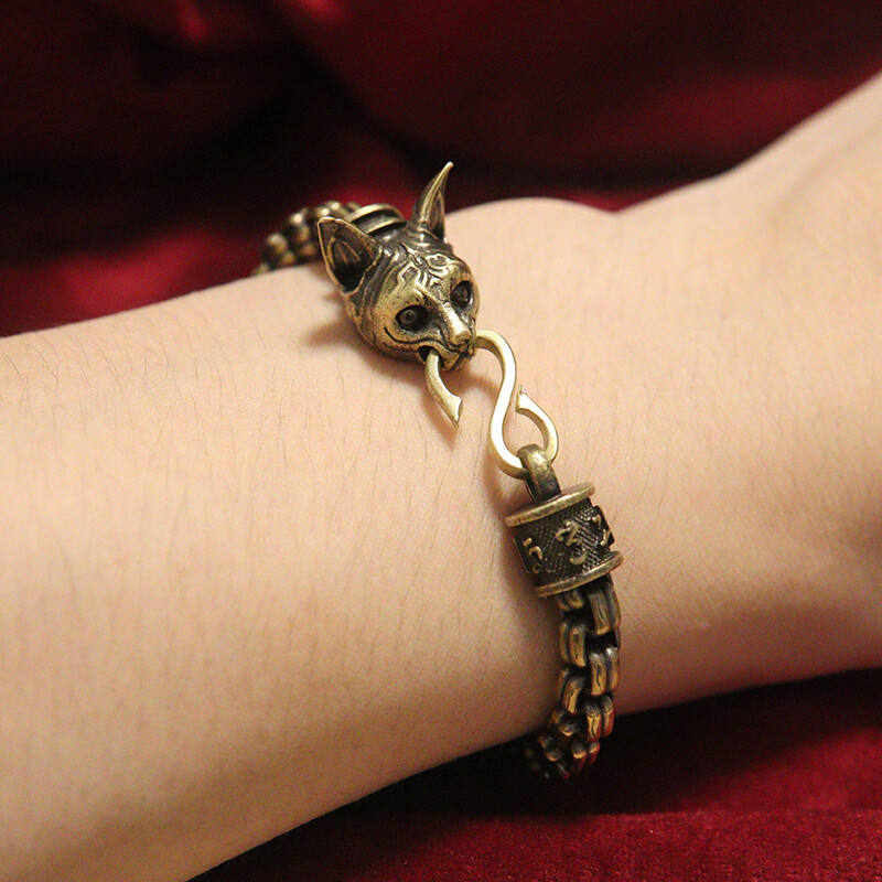Bastet w/ Garnet Eyes Brass Ancient Egyptian Cat Deity Golden Chain Bracelet