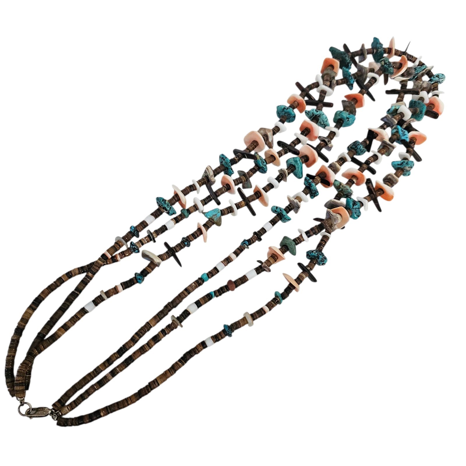 Santo Domingo Native American 3 strand Turquoise Shell Tab Necklace 32 In