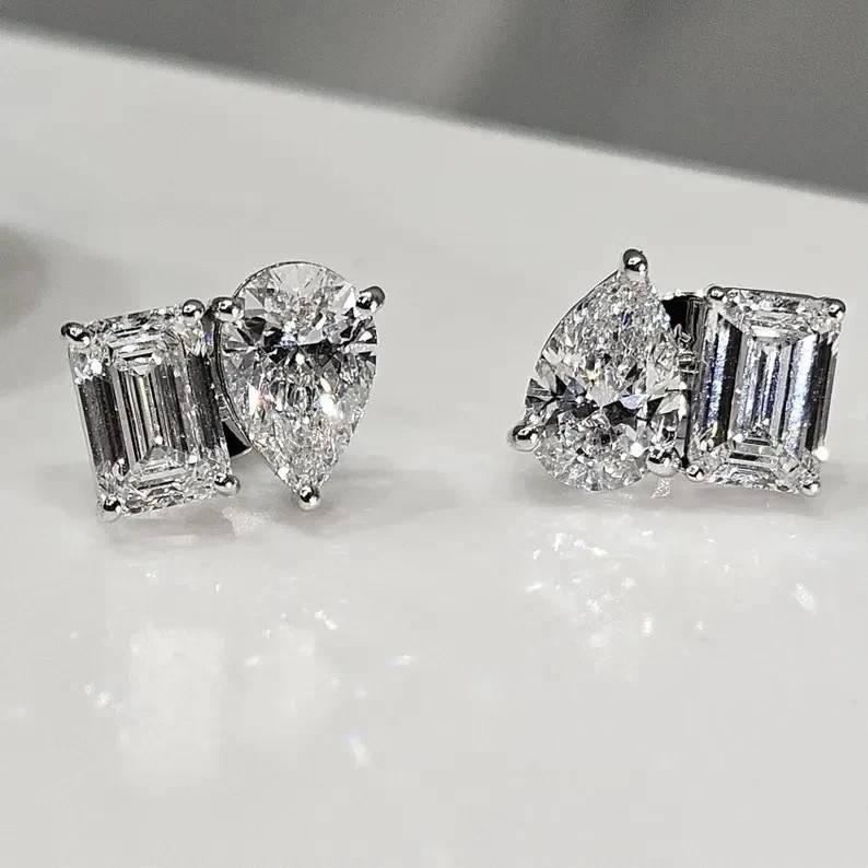 4TCW Emerald & Pear Lab Created Diamond Women’s Stud Earring 925 Sterling Silver