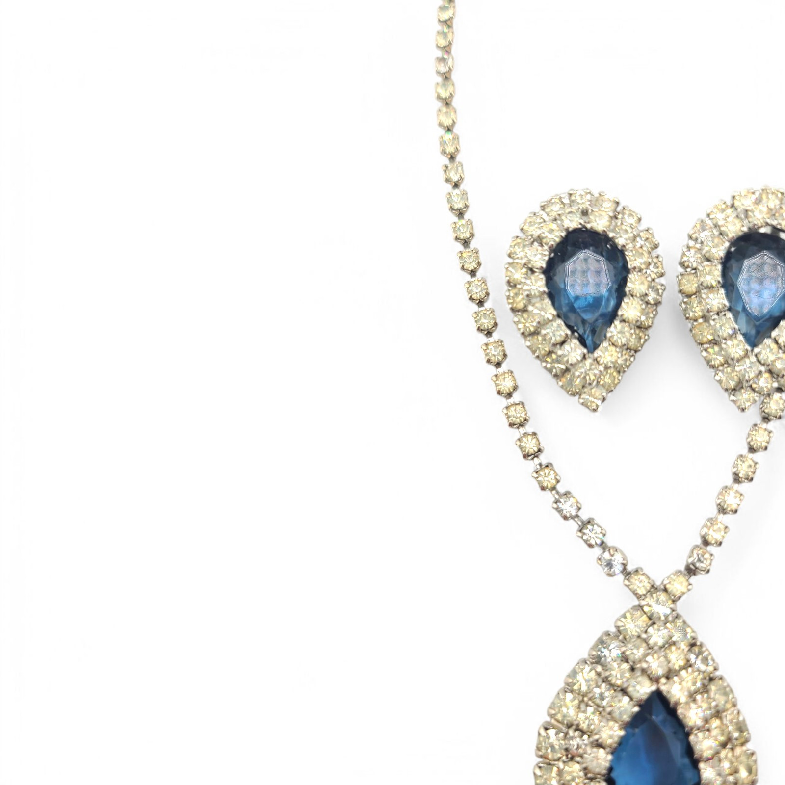 Vintage Rhinestone Earrings Necklace Set Sapphire Blue & Clear Tear Drop Princes