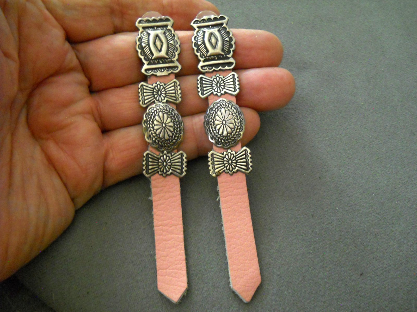 Southwestern Sterling Silver Concho Belt Light Pink Leather Drop Post Earrings