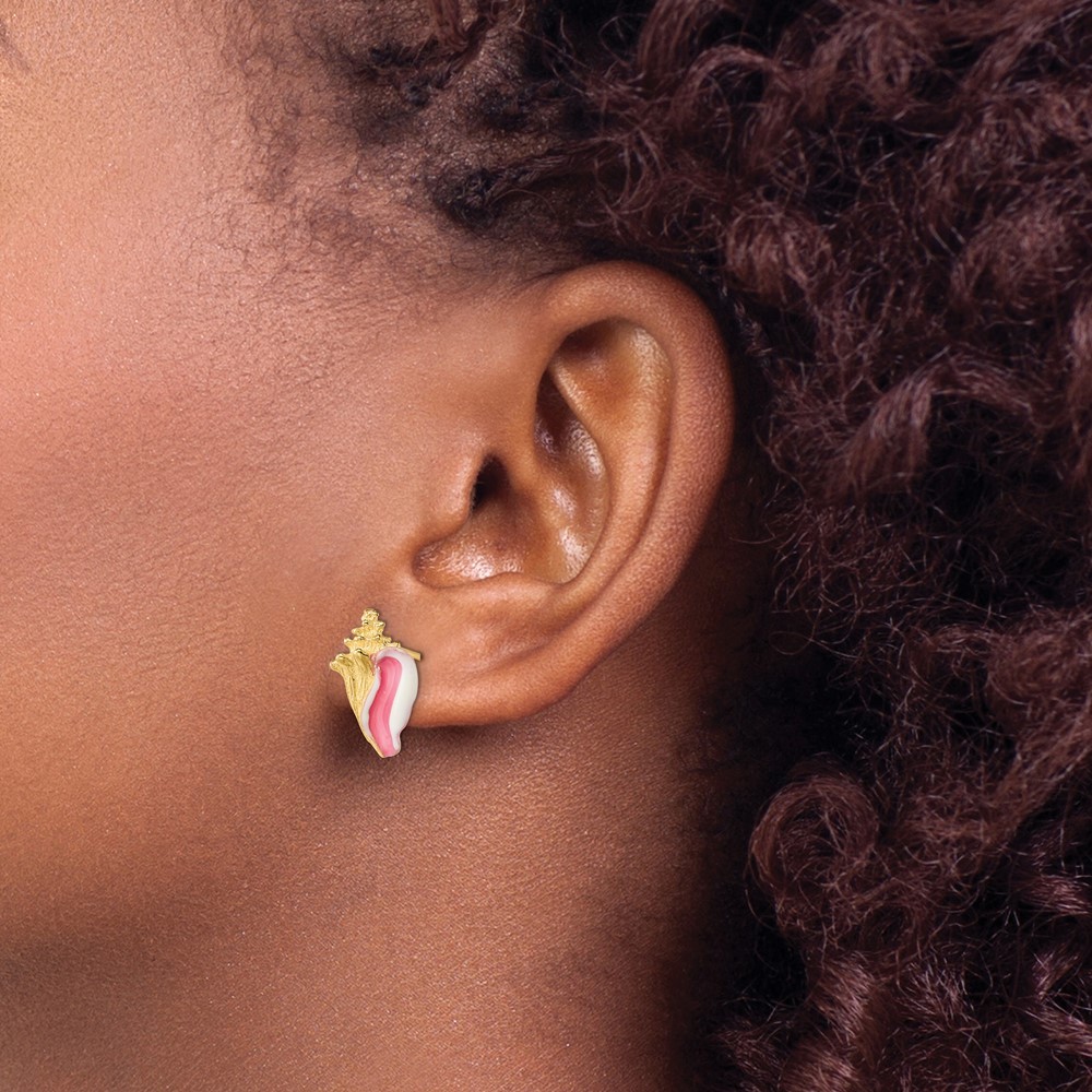 14K Yellow Gold White and Pink Enamel Conch Shell Post Stud Earrings L-15.4 mm
