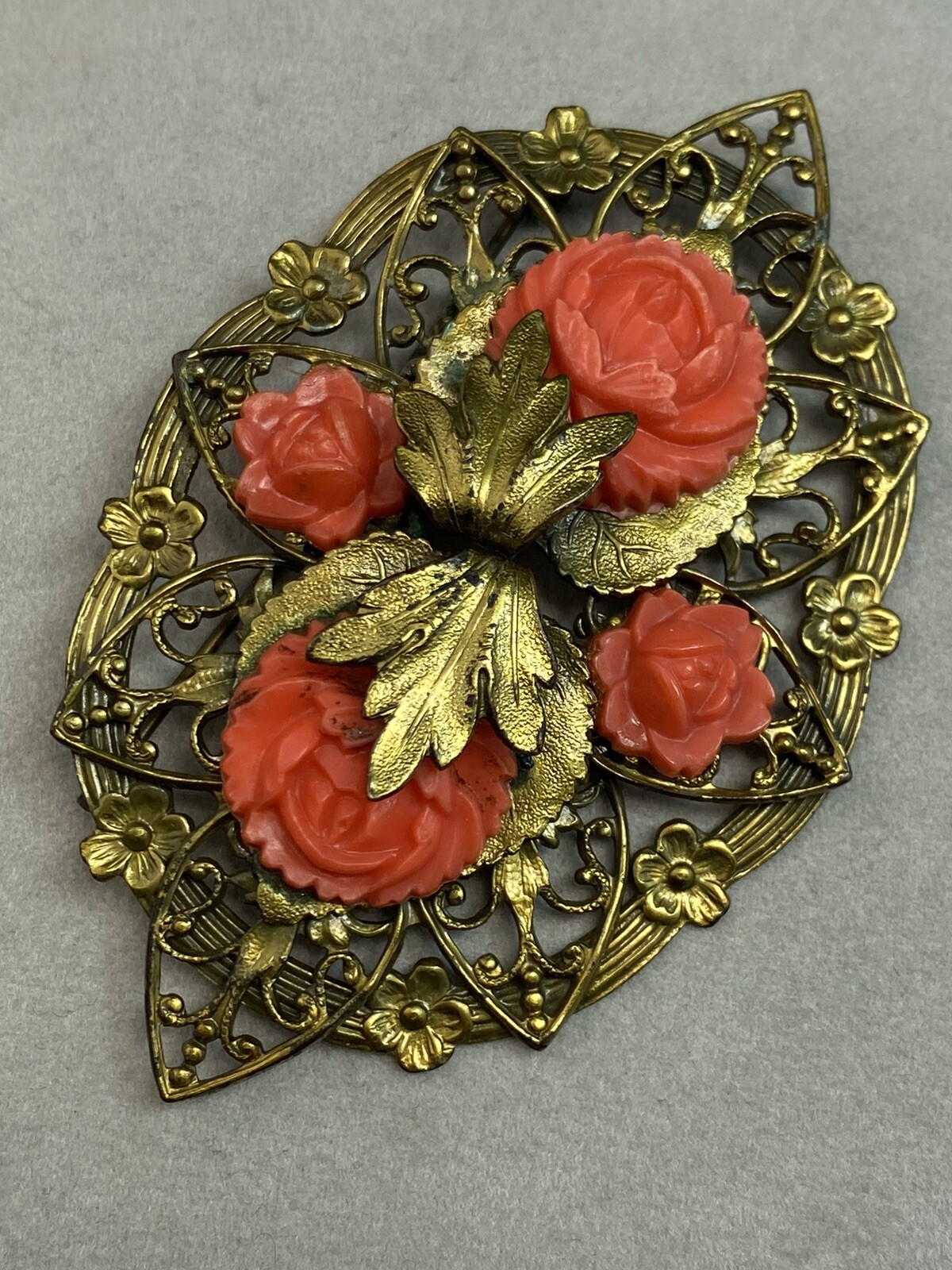 Vintage Filigree Brooch Estate Jewelry Pre-Owned Coral Rose XXL Die Struck