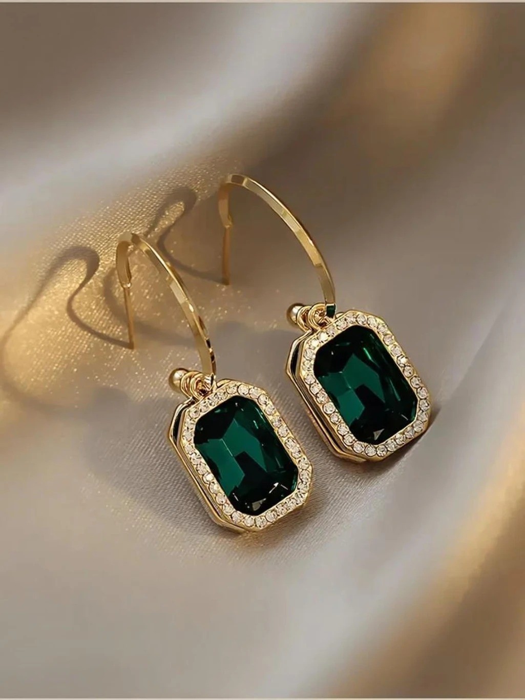 Art Deco Emerald Brass Hoop Earrings, Lab Created Gemstone, Women Girls WEDDING
