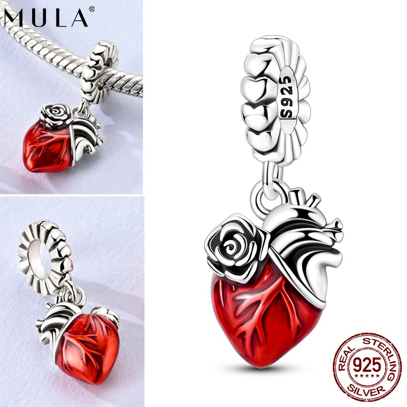 MULA 925 Sterling Silver DIY Charm Red Rose Heart Pendant for Women Bracelet