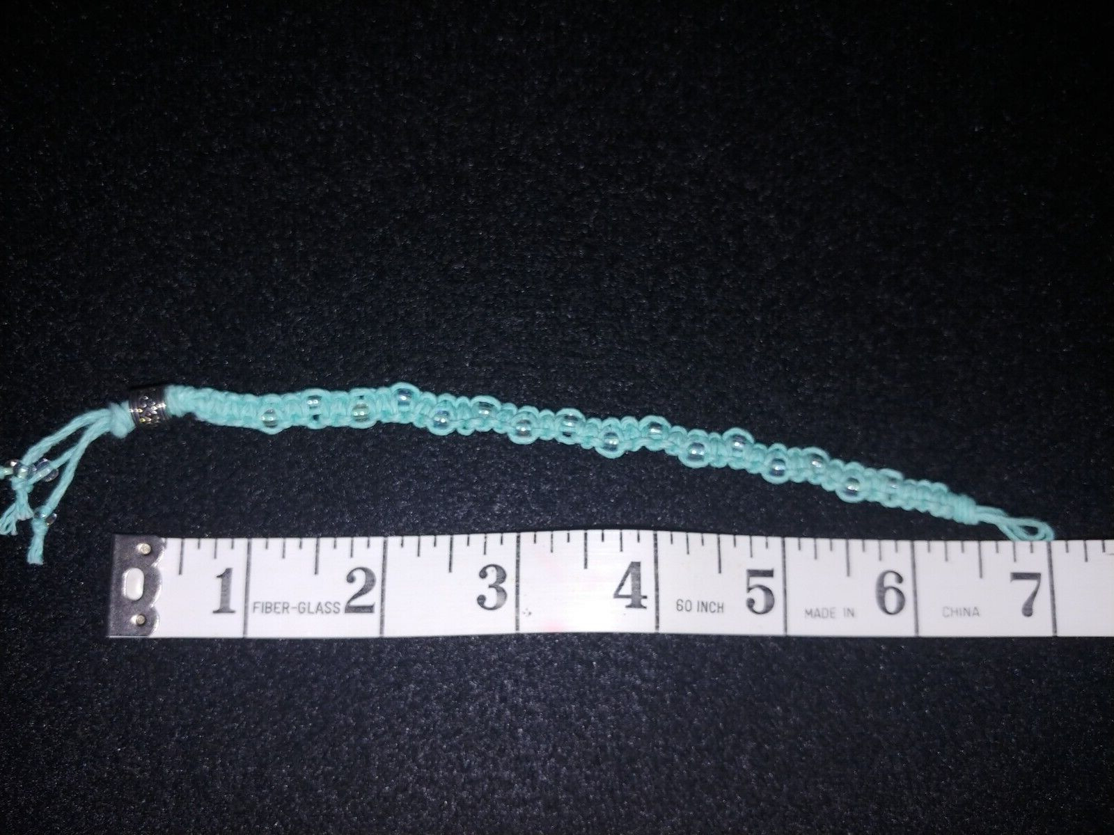 Soft turquoise woven hemp bracelet w/ clear & silver beads handmade approx. 7 in