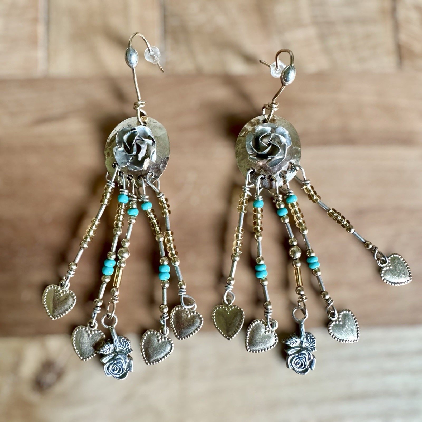 Artisan Western Hook Dangle Earrings 3 Inch Mixed Metals Beads Roses Hearts Love
