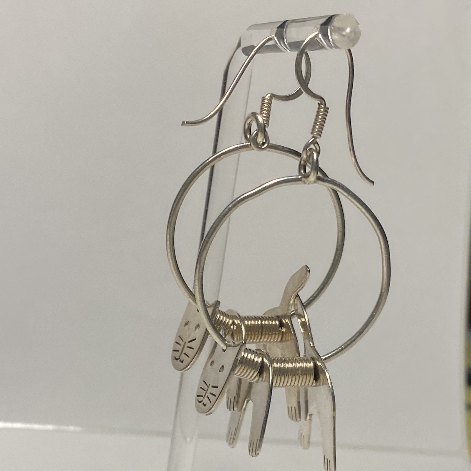 Sterling Silver Dangle Cat Earrings, 15.4 Grams, 2″ Three Piece Cat on Hoop