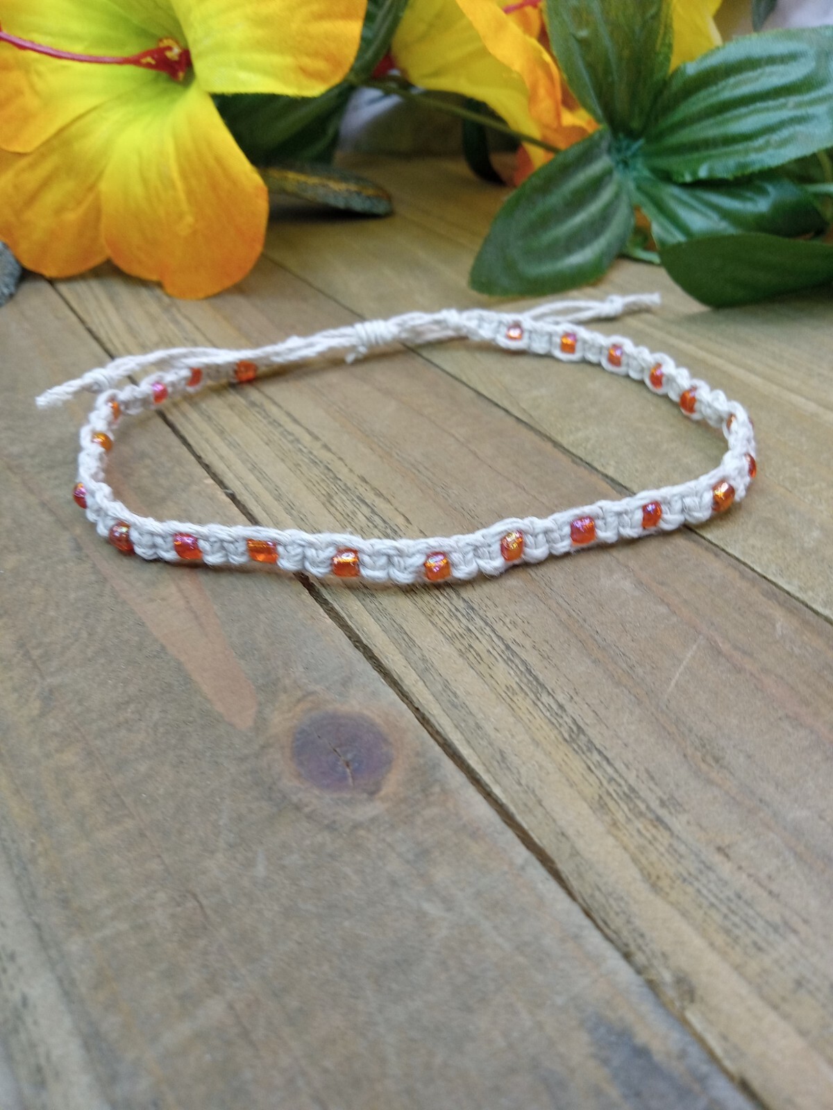 Natural Hemp Anklet with Orange Glass Beads 9.5 inches Hand Knotted Macrame