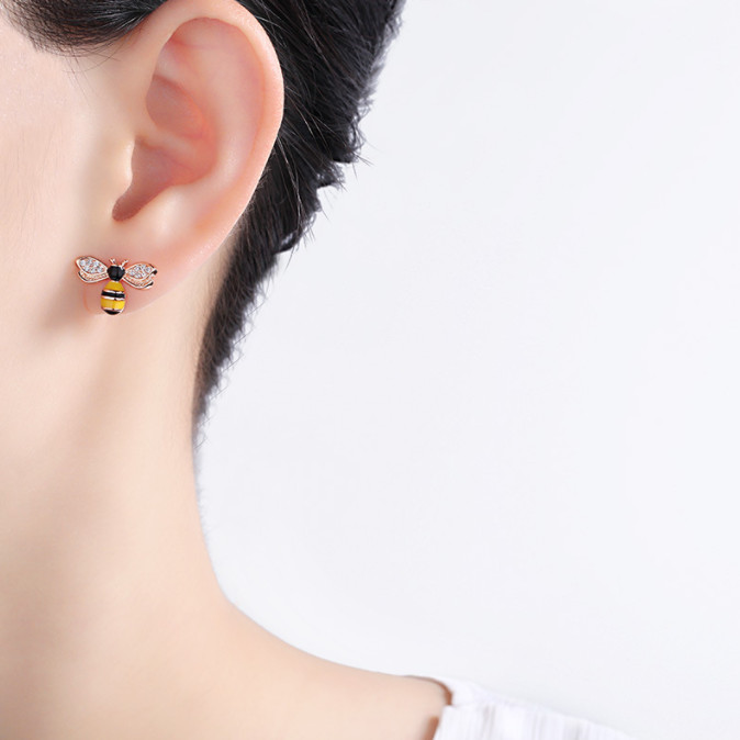 Silver Black Yellow Honey Bee Pave Cubic Zirconia Stud Earrings