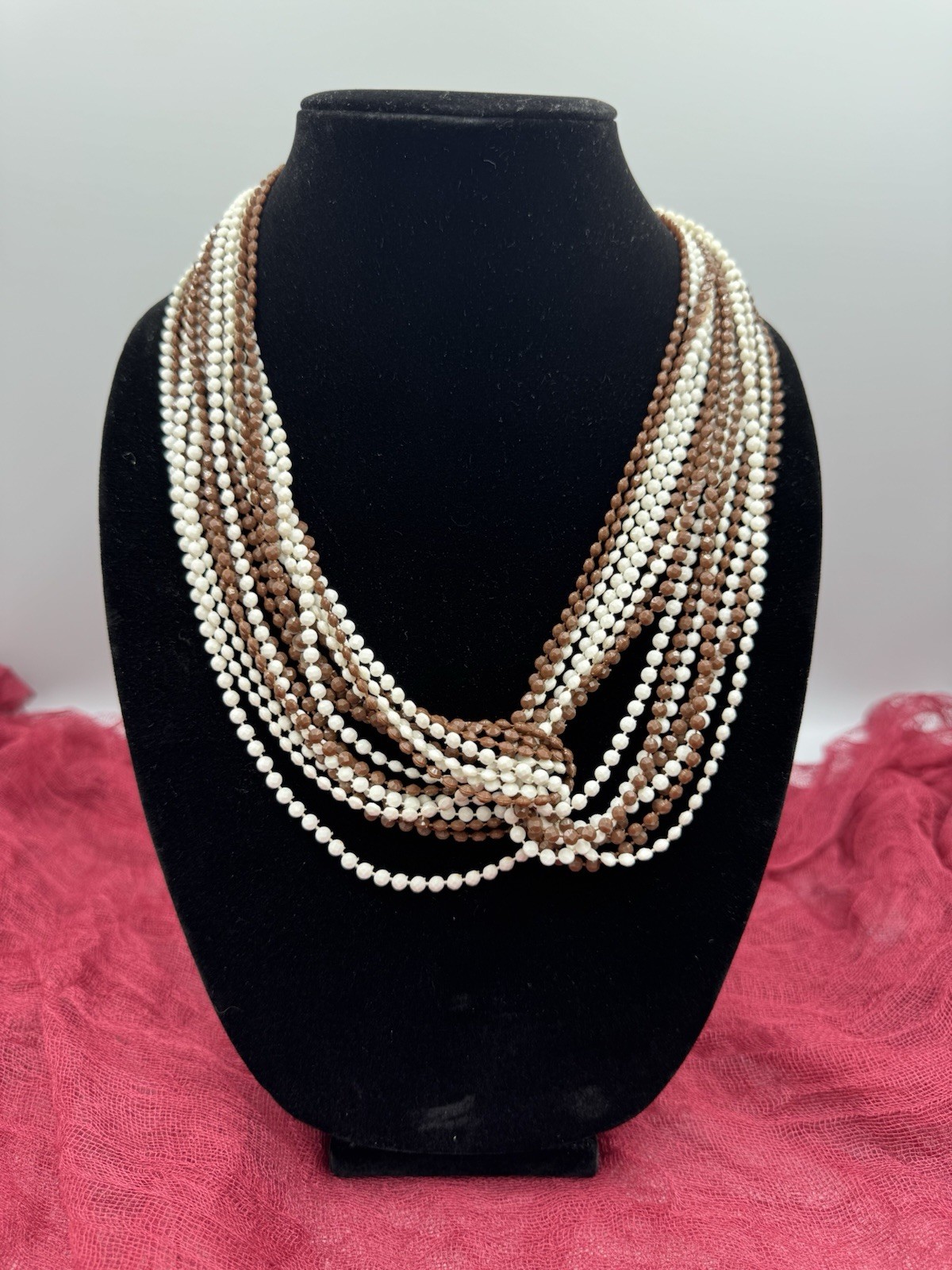 Vintage Multi-strand Brown White Plastic Beaded Necklace Long 50”