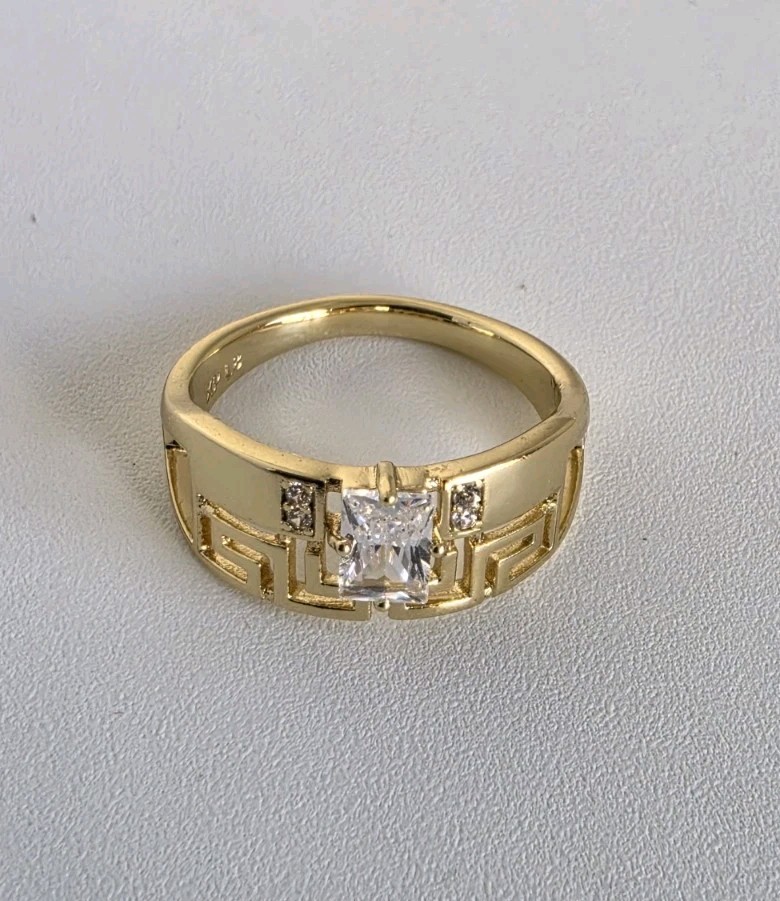 Gold Plated 14K Tone Greek Key CZ Ring Princess Cut Size 7 Statement Band