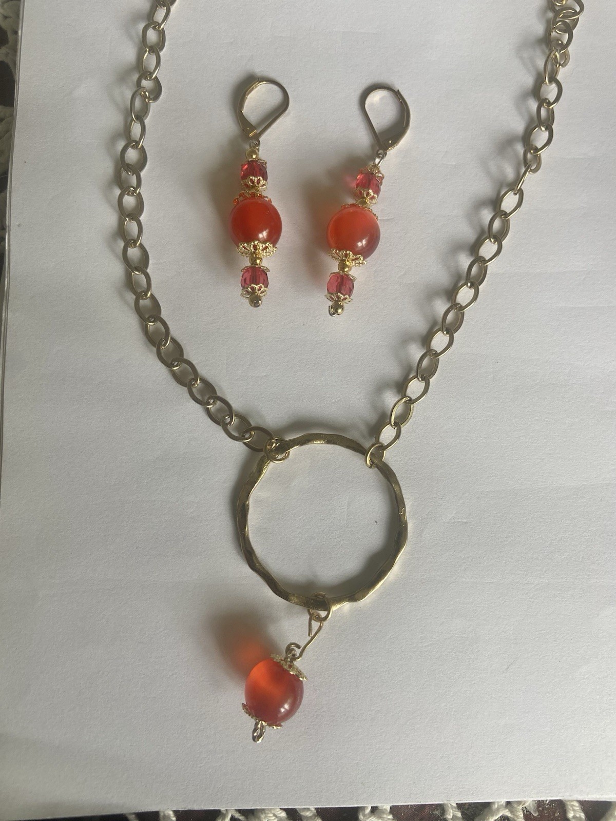 Handcrafted Orange And Gold Bead Necklace And Earrings