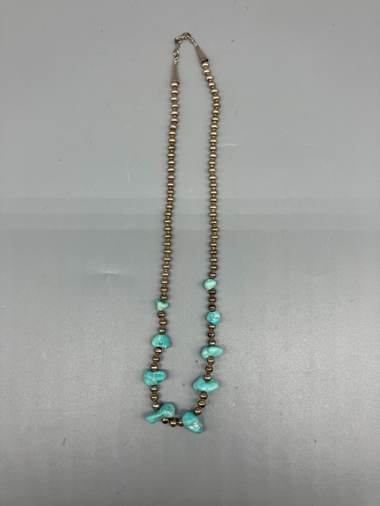 SILVER BEAD AND TURQUOISE NECKLACE 19 1/2 INCHES LONG