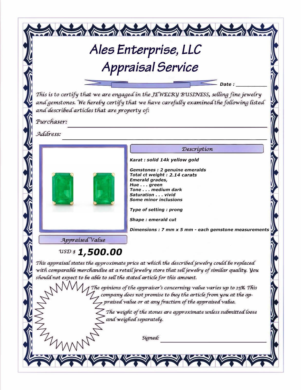 GENUINE 2.14 Cts EMERALD STUD EARRING 14k GOLD – Free Certificate Appraisal