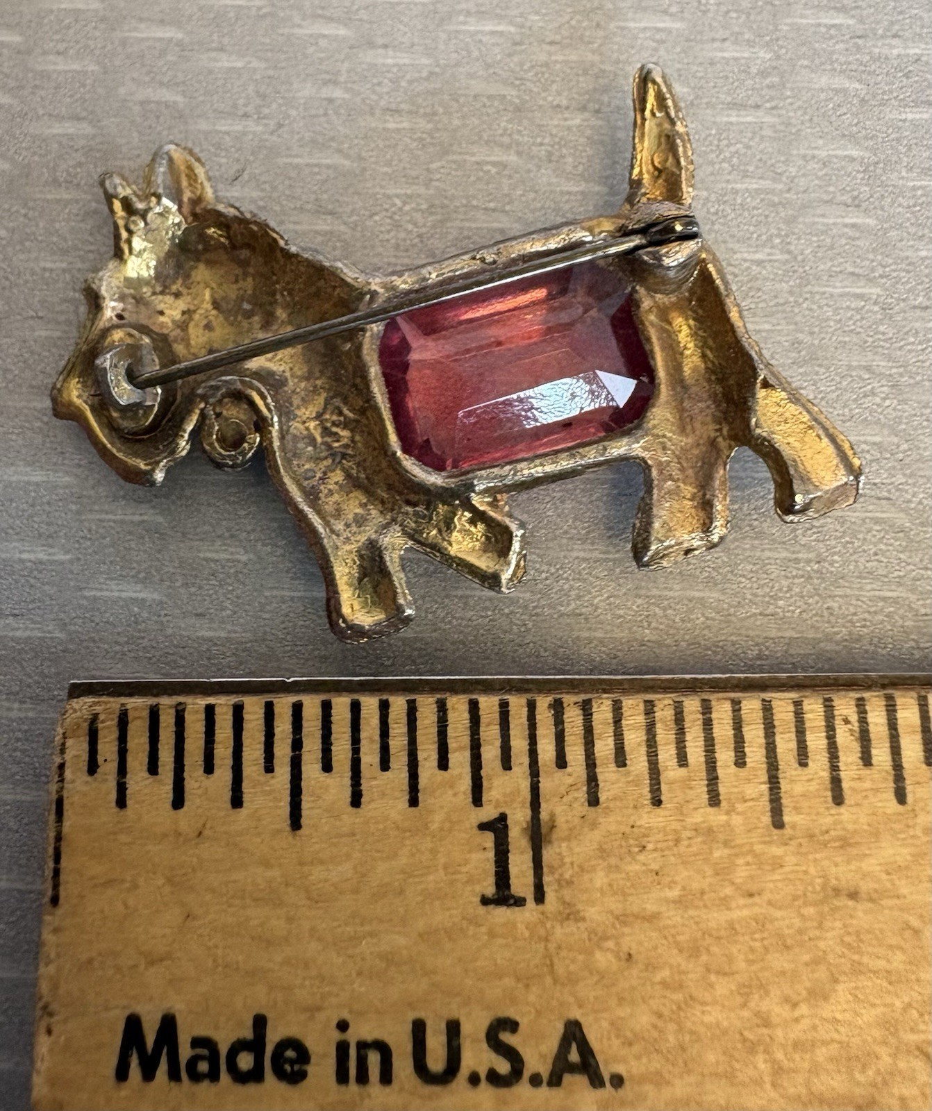 30s Vintage Scottie Dog Brooch Pot Metal Big Pink Glass Stone Signed Star S