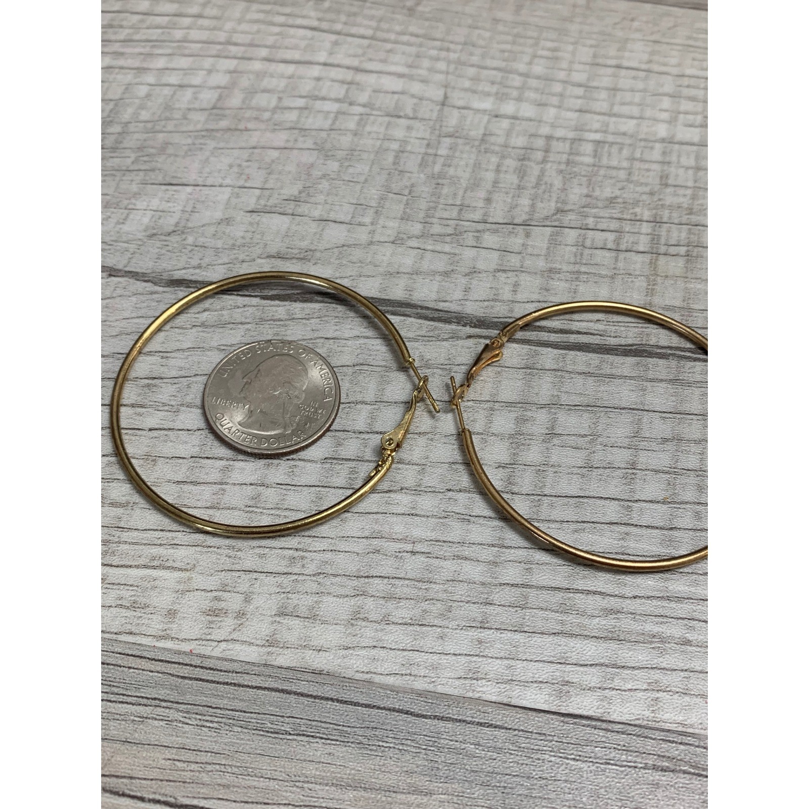 Gold Tone Large Thin Hoop Earrings Polished Classic Round Latch Back 2.25 Inch