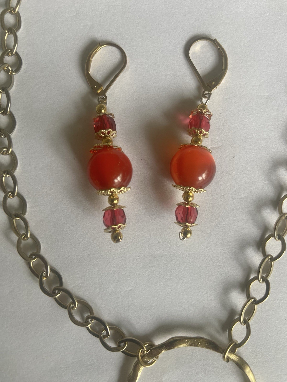 Handcrafted Orange And Gold Bead Necklace And Earrings