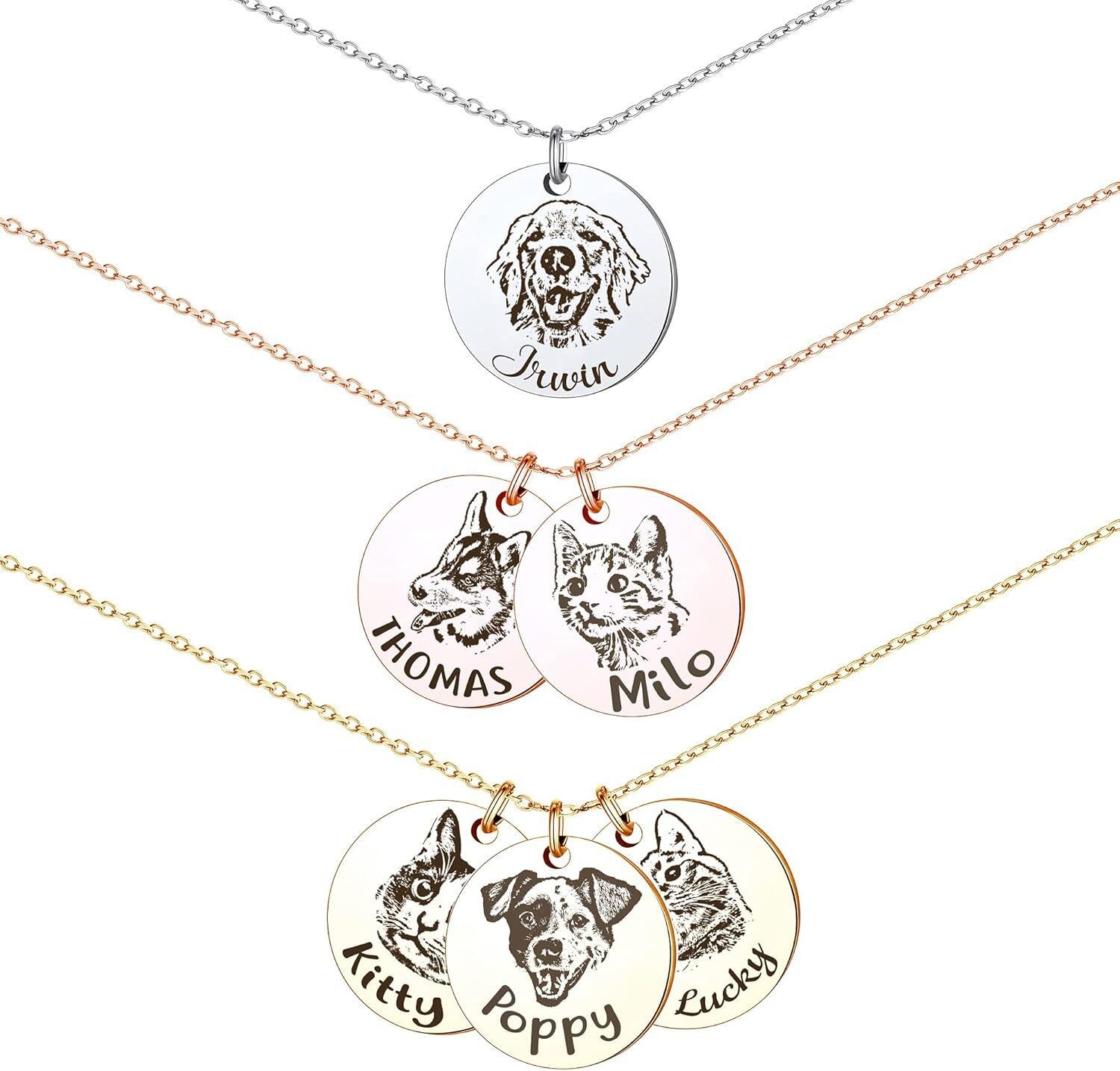 Personalized Pet Portrait Necklace ,Dog Cat Round Disc Photo Engraved Necklace