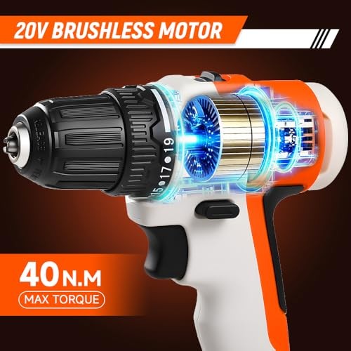 20V Cordless Brushless Drill Set – 2 x 2.0Ah Batteries, 60-Min Fast Charge,