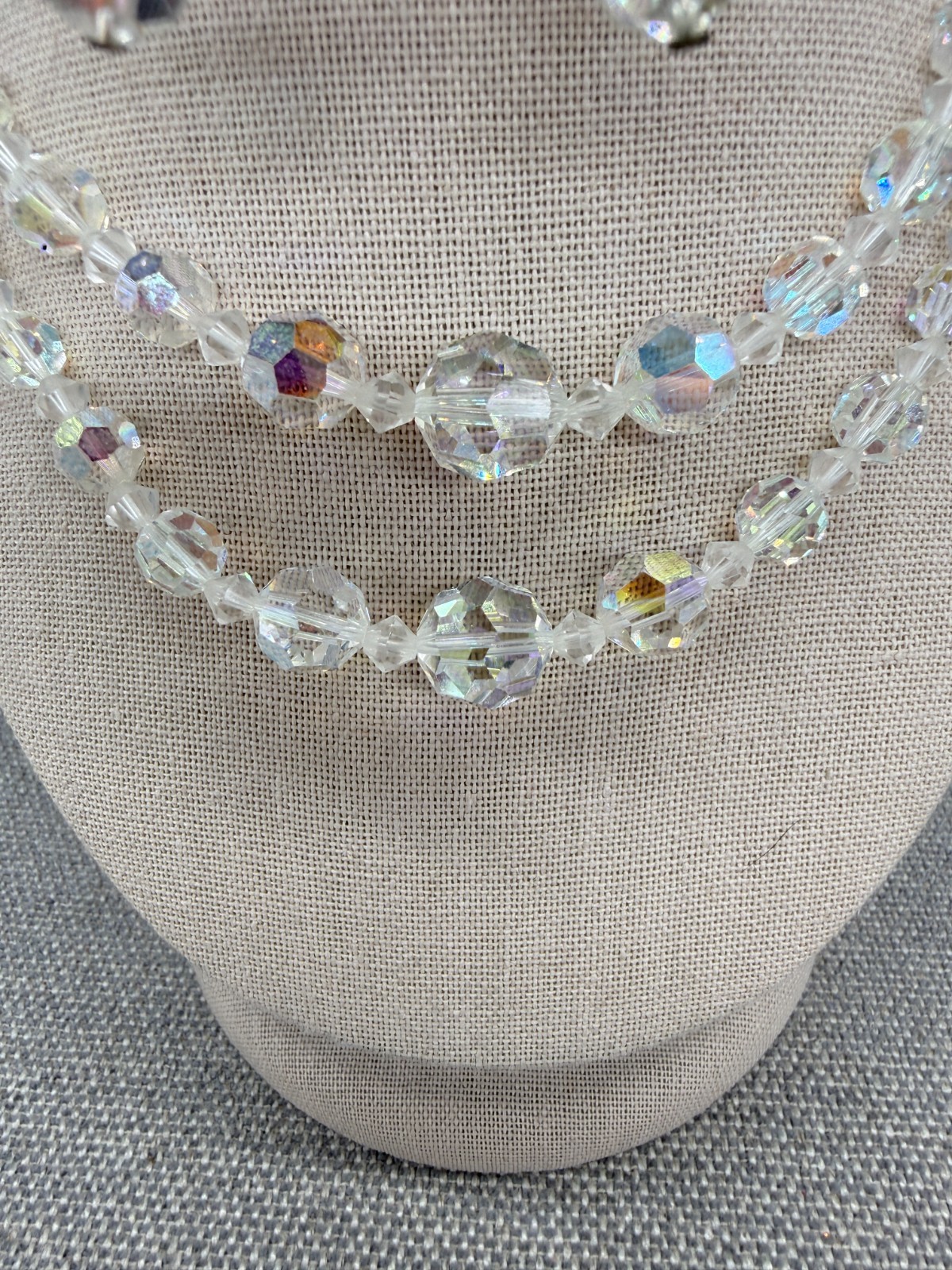 Vintage Necklace Earrings Jewelry Set Faceted AB Crystals Double Strand Clip Ons