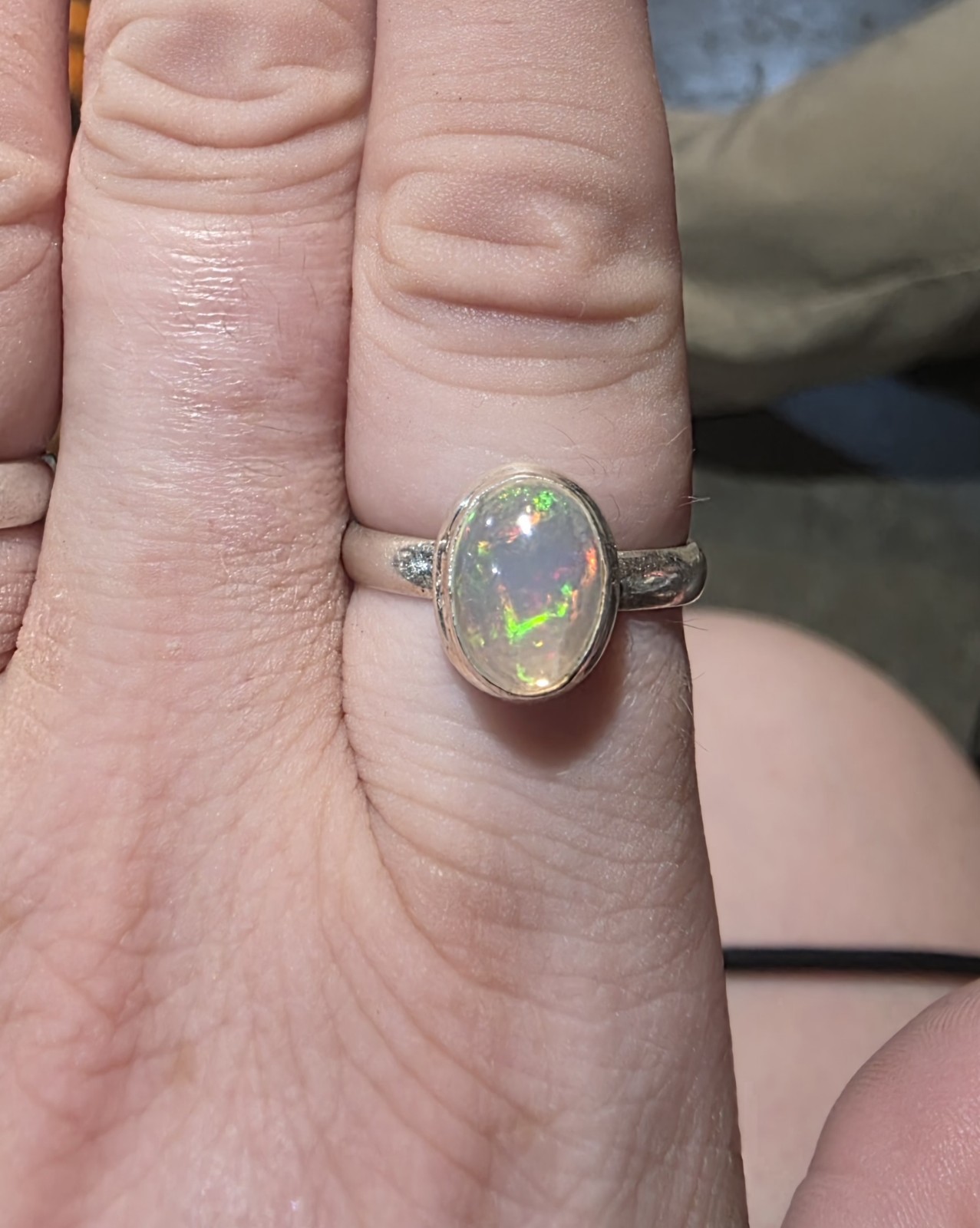 925 Sterling Silver Oval Multicolor Opal Bezel Set Ring Size 7 Signed 3mm